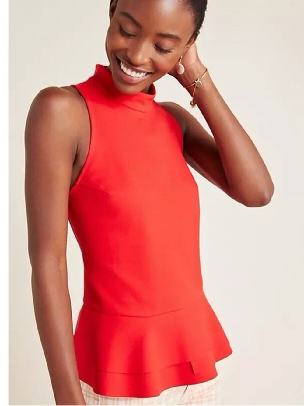 Anthropologie Cressida Mock Neck Red Tank Top Peplum Hem